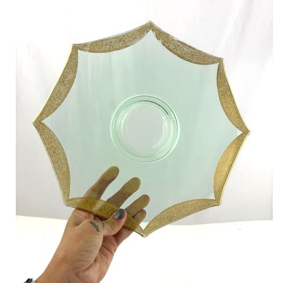 VTG Green Depression Octagon Glass Plate Glassware Floral Gold Trim - Picture 3 of 12